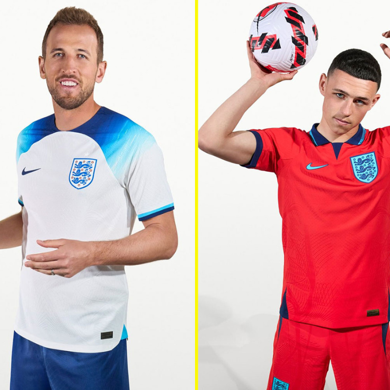 talkSPORT's tweet photo. England’s home and away kits for the World Cup in Qatar have been officially unveiled