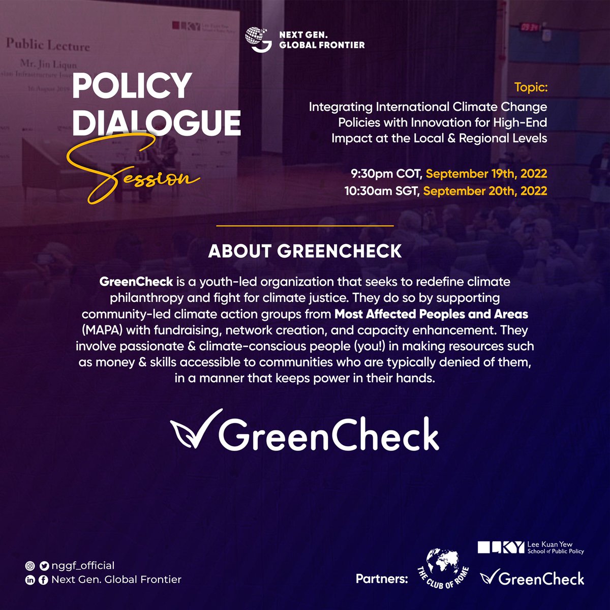 nggf_official's tweet photo. Introducing the GreenCheck, a youth-led and grassroots-focused climate action forum, as one of our engagement partners at the upcoming #NGGF-#LKYSPPClimateDialogue at the @LKYSch, Singapore 🇸🇬
Registration is still open, join us - - https://t.co/7vEq4p4Yfw https://t.co/EGWi3epsZX