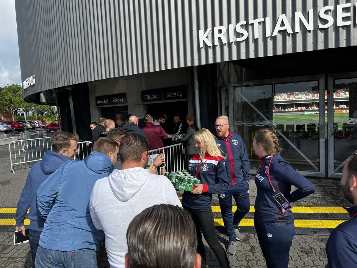 aaronhinton's tweet photo. Unbelievable from @SilkeborgIF who have provided the @WestHam fans with a free beer whilst collecting our tickets for the match tonight

Denmark, probably the best country in the world https://t.co/pOfbaIYKxq