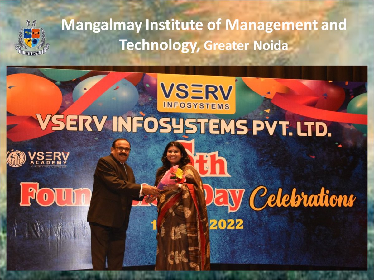 MangalmayT's tweet photo. Dr. Geeti Sharma Director, Mangalmay Institute of Technology and Management was invited as Guest of Honour by VSERV Insfosystems Pvt. Ltd for their Sixth Foundation Day Celebration. 
#mimtworld #guestofhonour #celebration https://t.co/tKXX49EI6K