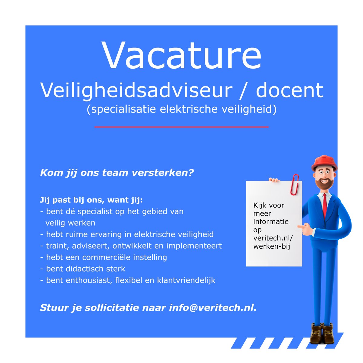 VeritechBV's tweet image. Ter versterking van ons team zijn we op zoek naar een veiligheidsadviseur / docent (specialisatie elektrische veiligheid). 

Kijk voor de gehele vacature op  veritech.nl/werken-bij/