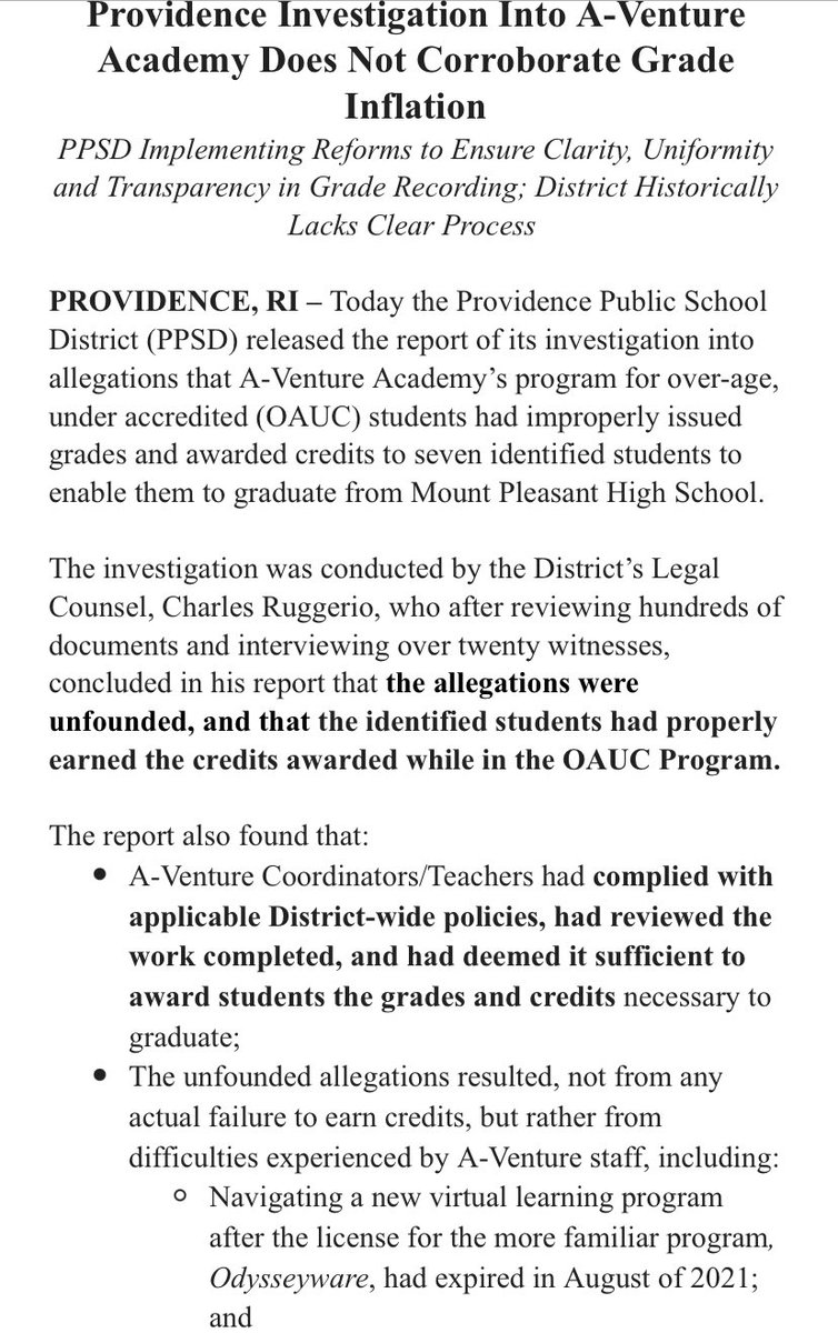amymrusso's tweet photo. Breaking overnight: RIDE has released a more than 100-page report on its probe into allegations that a Providence school inflated grades to let students graduate. This is only part of the summary reporters have received. In short, RIDE says it didn’t happen. More to come. https://t.co/8yus5sAc2j