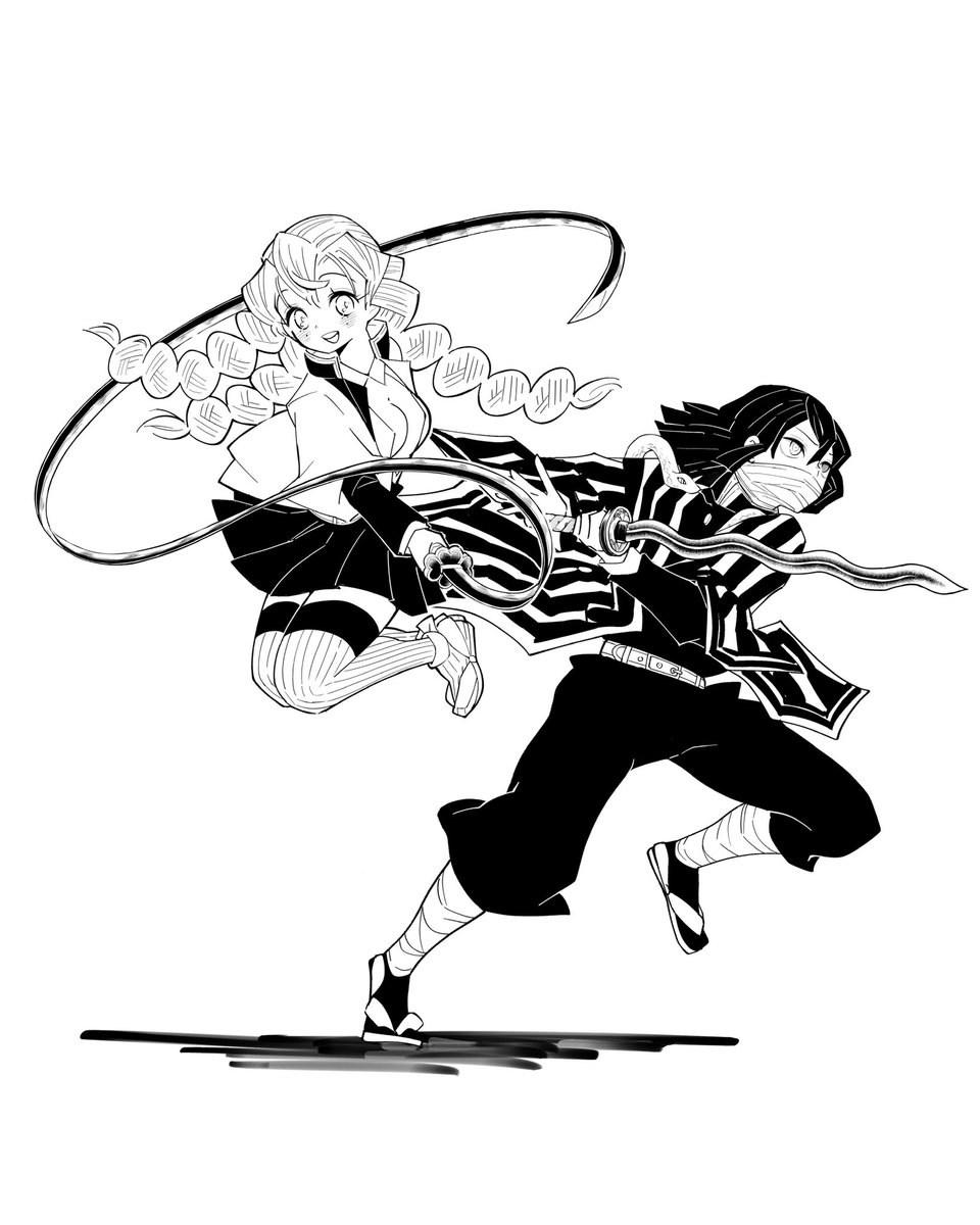6月に描いた蜜璃ちゃんと組み合わせるとこう。私はバトルシーンが好きだ
#おばみつ 