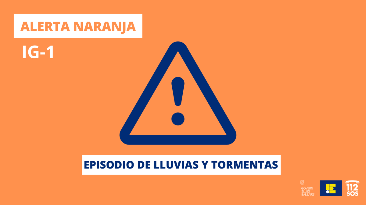 🟠Activado IG1 (alerta naranja) del Meteobal por lluvias y tormentas en todas las islas a partir de mañana. Se prevén precipitaciones acumuladas en una hora de hasta 50 l/m². ¡Mucha precaución!