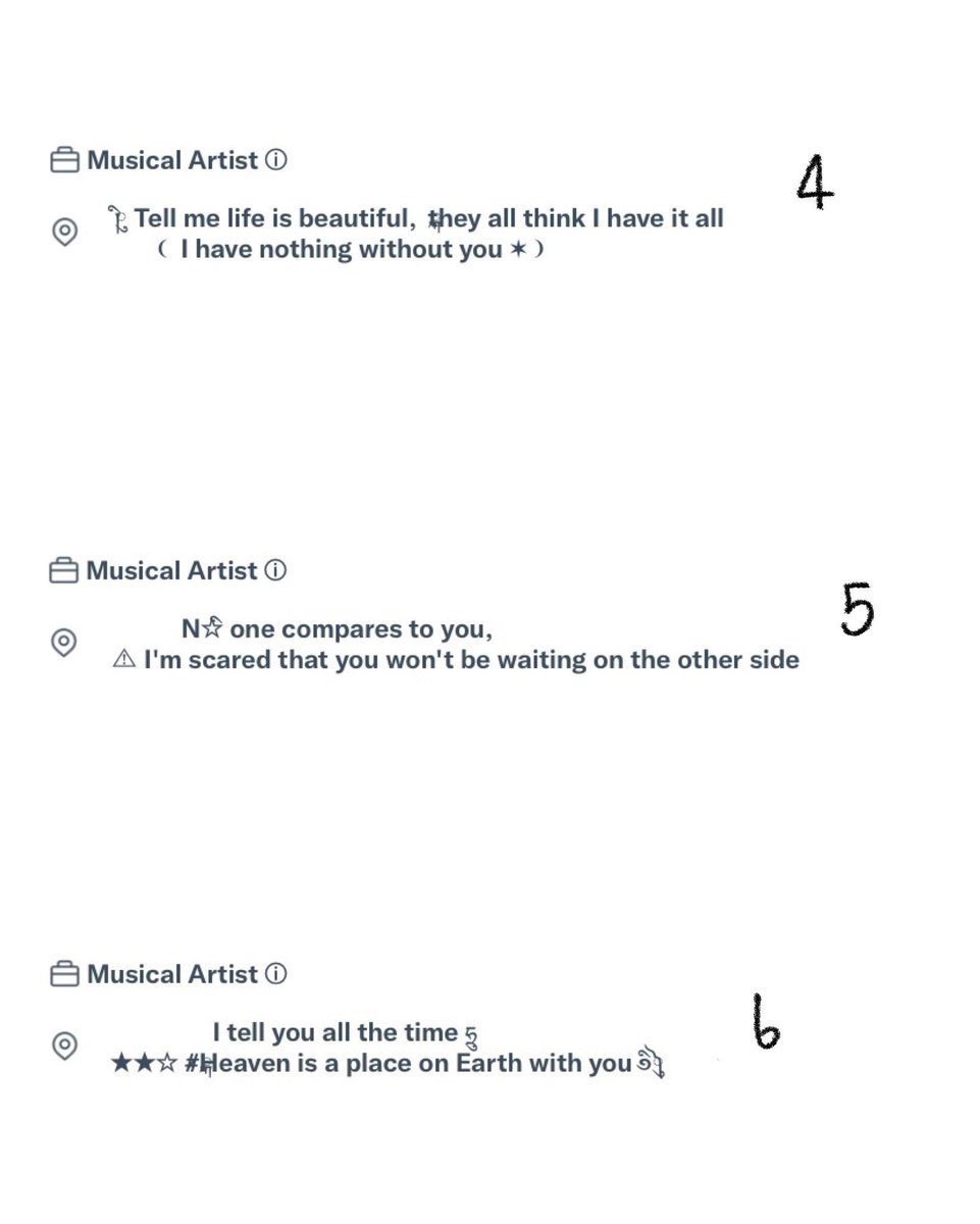 ﹙ pls rt ﹚

★ Location twitter 🧎🏿 
◉ 1 from — 2 baht
◉ All ( 6 from ) — 12 baht
◉ mention or dm 💋

#ฟอร์มไบโอ #ฟอร์มโลเคชั่น #ไบโอไอจี #แจกอิโมจิ #ไบโอปาทู #แจกไบโอ #อิโมติคอน #ร้านฟอร์บอท #พื้นที่โปรร้าน #ปาทู #formbio #พื้นที่โปร