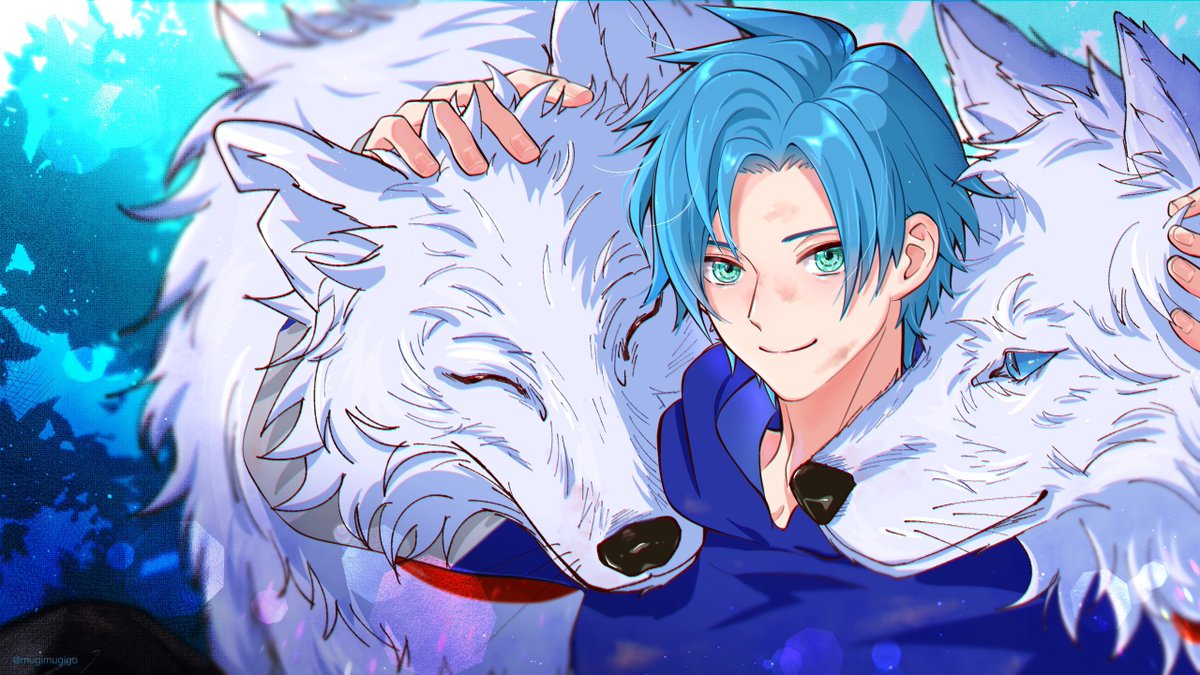 1boy male focus blue hair smile wolf short hair looking at viewer  illustration images