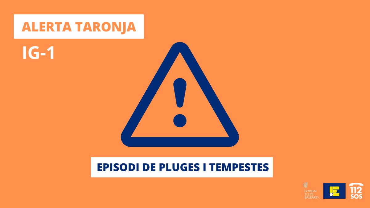 🟠Activat IG1 (alerta taronja) del Meteobal per pluges i tempestes a totes les illes a partir de demà. Es preveuen precipitacions acumulades en una hora de fins a 50 l/m². Molta precaució!