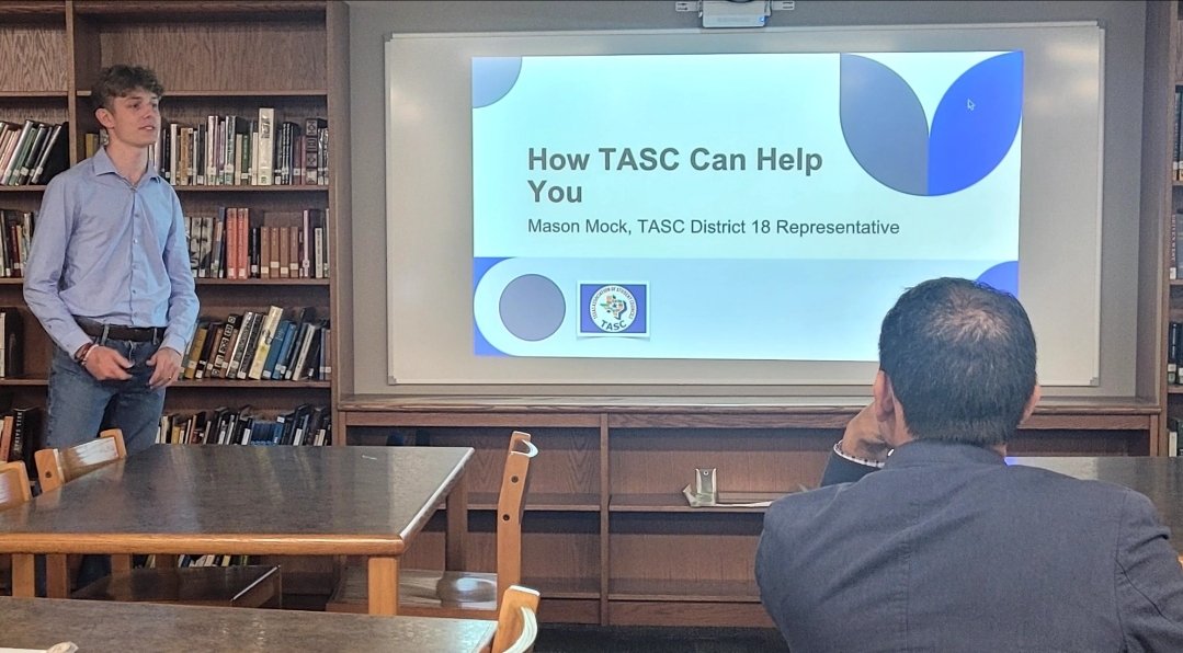 StucoSV's tweet photo. StuCo president Mason presented to the TASSP Region 13 Board about the importance of student involvement.  He and advisor Mr. Helkey went to Pflugerville where they also helped TASSP Executive Director  Archie McAfee set up the event. @mwahl281 @cisdnews @MandyEpley #tasc_stuco https://t.co/UJzJQw2vTk