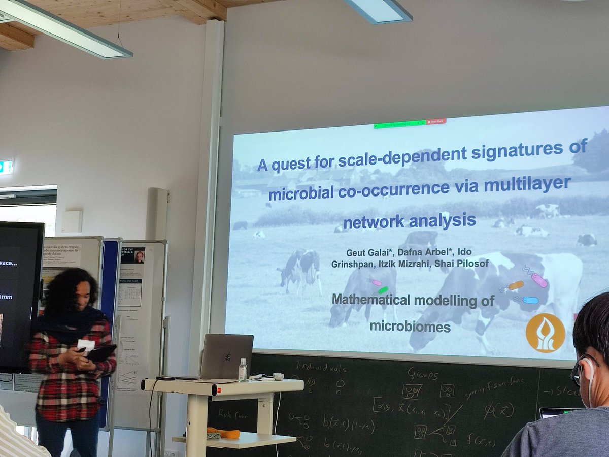 MarcoMauri81's tweet photo. Geut Galai discussing the interesting "Scale-dependent signatures of microbial co-occurrence revealed via multilayer network analysis" on rumen microbiome in farms @MPI_EvolBio #MathModellingMicrobiomes (unpublished not shown) https://t.co/qZ1sCPWeh0
