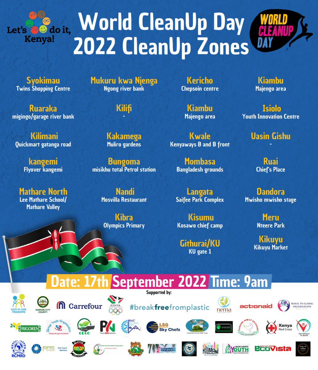 Saturday will be World CleanUp Day. Here are some of the regions where cleanups will be happening. Feel free to pick a region closest to you and join us in marking the day. Share a pic/video of your cleanup on social media and tag <a href="/letsdoitkenya/">#WorldCleanUpDayKenya</a> with the hashtag #WorldCleanUpDay