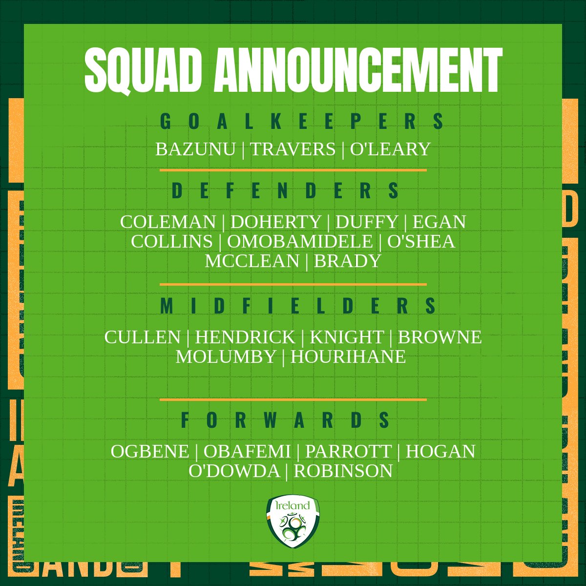 IrelandFootball's tweet photo. 𝗦𝗤𝗨𝗔𝗗 𝗔𝗡𝗡𝗢𝗨𝗡𝗖𝗘𝗗 | 𝗠𝗡𝗧

Robbie Brady, Andrew Omobamidele &amp; Callum O'Dowda all return to the Ireland squad 👏

Obafemi, Ogbene &amp; Parrott bolster forward line for matches against Scotland &amp; Armenia 😍

𝗠𝗡𝗧 𝗙𝗜𝗫𝗧𝗨𝗥𝗘𝗦
24/09 | 🏴󠁧󠁢󠁳󠁣󠁴󠁿🆚🇮🇪 
27/09 | 🇮🇪🆚🇦🇲

#COYBIG https://t.co/2EGKai6bfS