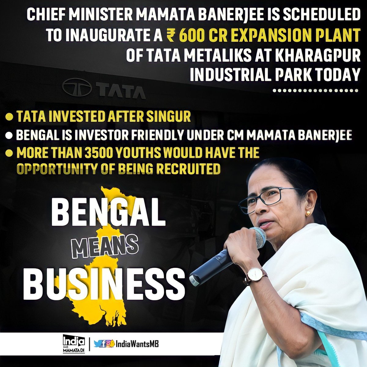 IndiaWantsMB's tweet photo. Hon'ble CM, @MamataOfficial has inaugurated the expansion plant of Tata Metaliks,today,at Kharagpur. It proves that Bengal is always an Industry Friendly State and we can bring business here.
#BengalMeansBusiness 
#DevelopingBengal 
#IndiaWantsMamataDi https://t.co/V2Kv6Q0CQN