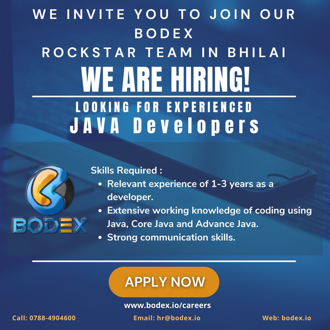 bodexllc's tweet photo. ๐BODEX is hiring Java Developers๐
Send your resume - hr@bodex.io
#hiring #job #bhilai #bodex #bodexllc #growth #career #softwarecompany #newtechnologies #jobhiring #hiringalert #joinourteam #java #corejava #advancejava #javadeveloper #javaprogramming https://t.co/SwgnfIKYuC