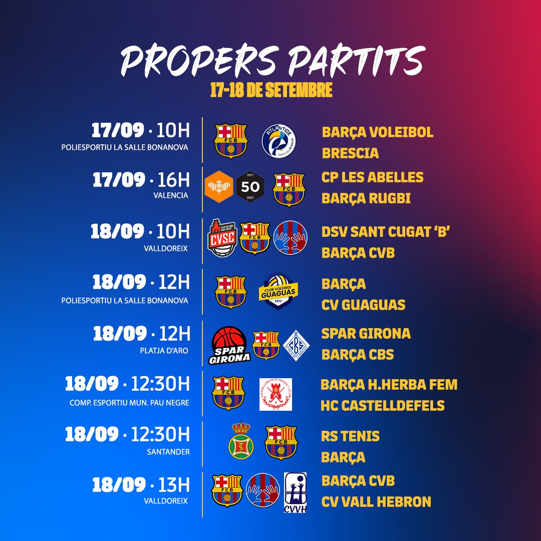 Barça Esports Amateurs (@barcaamateurs) on Twitter photo 📅Aquest són els partits dels nostres primers equips d'aquest cap de setmana‼️
👀 🏑Destacar l'inici de lliga del
<a href="/FcbHockeyHerba_/">Barça Hockey Herba</a> Masculi i Femení 💪🏻
#ForçaBarça🔵🔴 📅Aquest són els partits dels nostres primers equips d'aquest cap de setmana‼️
👀 🏑Destacar l'inici de lliga del
<a href="/FcbHockeyHerba_/">Barça Hockey Herba</a> Masculi i Femení 💪🏻
#ForçaBarça🔵🔴