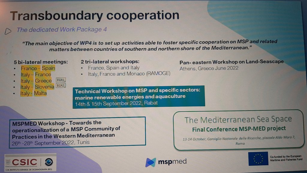 @MSPMED1 @IEOoceanografia @EU_MARE @CerCernera @CLMoni The Technical Workshop is focus on MSP & specific sectors: 
Marine renewable energies♻️ & Aquaculture🐟 in the transboundary cooperation between Spain 🇪🇸 & Morocco🇲🇦, leadering by the Spanish partner @IEOoceanografia 
@MSPMED1 🇪🇺 proyect
mspmed.eu/eventi
@EU_MSP_Platform