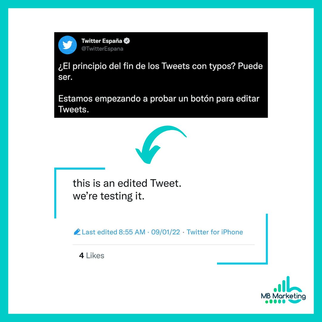 MB__Marketing's tweet photo. ¿Twitter ha cedido? Eso parece 👀

Tras años y años demandado por sus usuarios, parece que se activará la función "editar Tweet" ✂️

Eso sí, con ciertas condiciones 🤫 Toda la información: https://t.co/35s7qqDFIr https://t.co/JCA8S2TvTZ