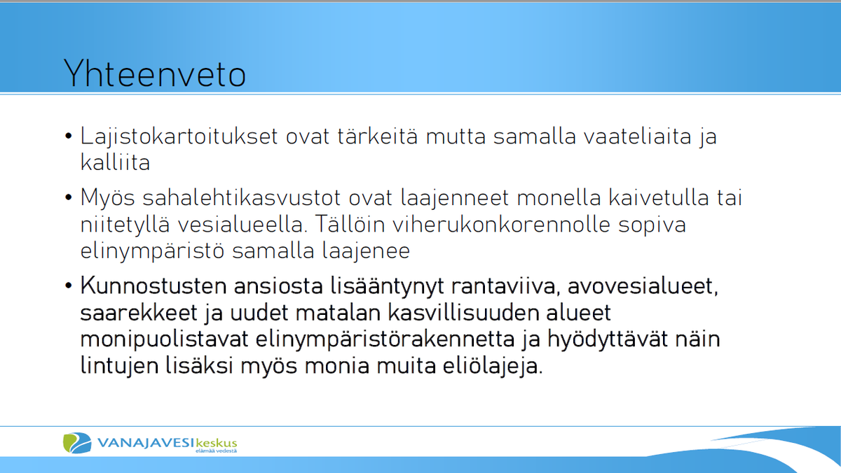 Kunnostuksilla parannettiin Hämeen &amp; Pirkanmaan lintuvesiä monen lajin hyväksi. Myönteinen yhteistyö on supertärkeää lintuvesikunnostuksissa, kun halutaan tuloksia, korostaa Eeva Einola @Vanajavesikesk:sta #Freshabit-loppuseminaarissa.
#lintuvesi #vesiensuojelu #kunnostus #järvet