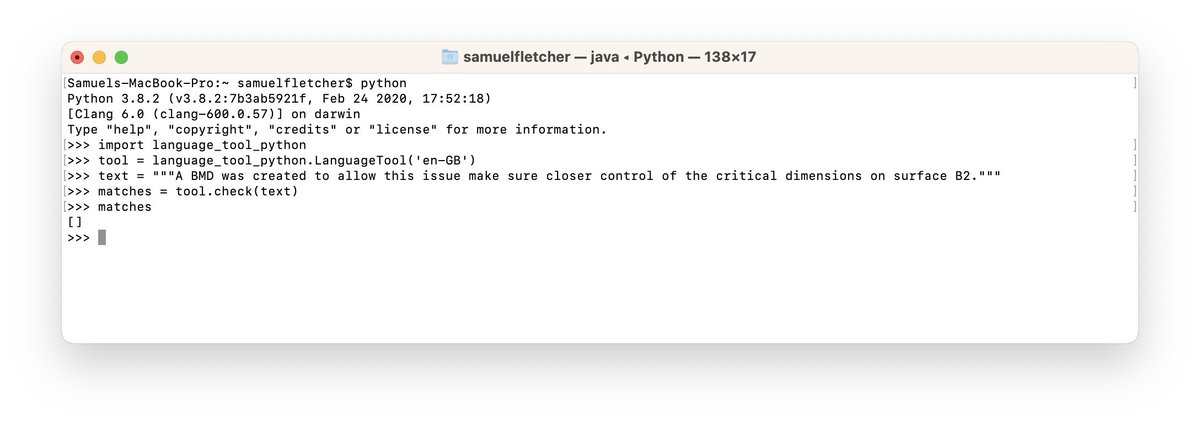 BertFletcher's tweet photo. @languagetool are there any differences between the rukes/checks used on the web/desktop application and the language_tool_python using v5.8, as I'm getting different results in both cases? eg. for this sentence one gives errors correctly but the python version doesn't: https://t.co/yn3S19Jvrq