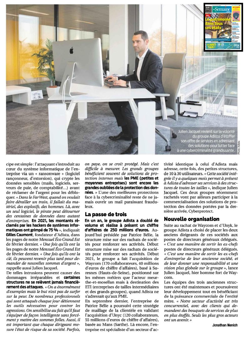 WORDCOM Consulting (@wordcomconsult) on Twitter photo #hackers #cybersecurite
<a href="/adistafrance/">adista</a> vient d'acquérir <a href="/Cyberprotect/">cyberprotect</a>. Une opération d'importance pour le groupe car le nombre de hackers devient un fléau pour les professionnels.
Merci <a href="/JonathanNenich/">Jonathan Nenich</a> de <a href="/Hebdo_LaSemaine/">La Semaine</a> , @VilledeNancy , <a href="/regiongrandest/">Région Grand Est</a> #hackers #cybersecurite
<a href="/adistafrance/">adista</a> vient d'acquérir <a href="/Cyberprotect/">cyberprotect</a>. Une opération d'importance pour le groupe car le nombre de hackers devient un fléau pour les professionnels.
Merci <a href="/JonathanNenich/">Jonathan Nenich</a> de <a href="/Hebdo_LaSemaine/">La Semaine</a> , @VilledeNancy , <a href="/regiongrandest/">Région Grand Est</a>
