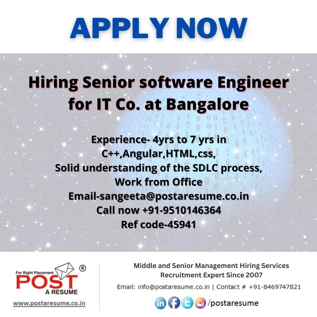 vipulmmali's tweet image. Designation- Senior software Engineer
Location -Bangalore
Experience- 4yrs to 7 yrs in C++,Angular,HTML,css,
Solid understanding of the SDLC process,
Work from Office
Email-sangeeta@postaresume.co.in
Call now +91-9510146364
Ref code-45941
#SoftwareEngine… instagr.am/p/CihpK7NufIn/