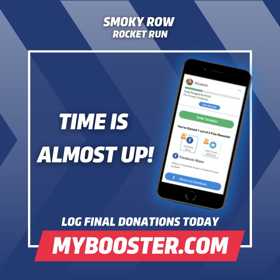 SREPTO's tweet image. Last Call for Donations!  
Log final donations TODAY on MYBOOSTER.COM !!  Thanks for your continued support of our school. We’re excited for our Smoky Row Rocket Run!
