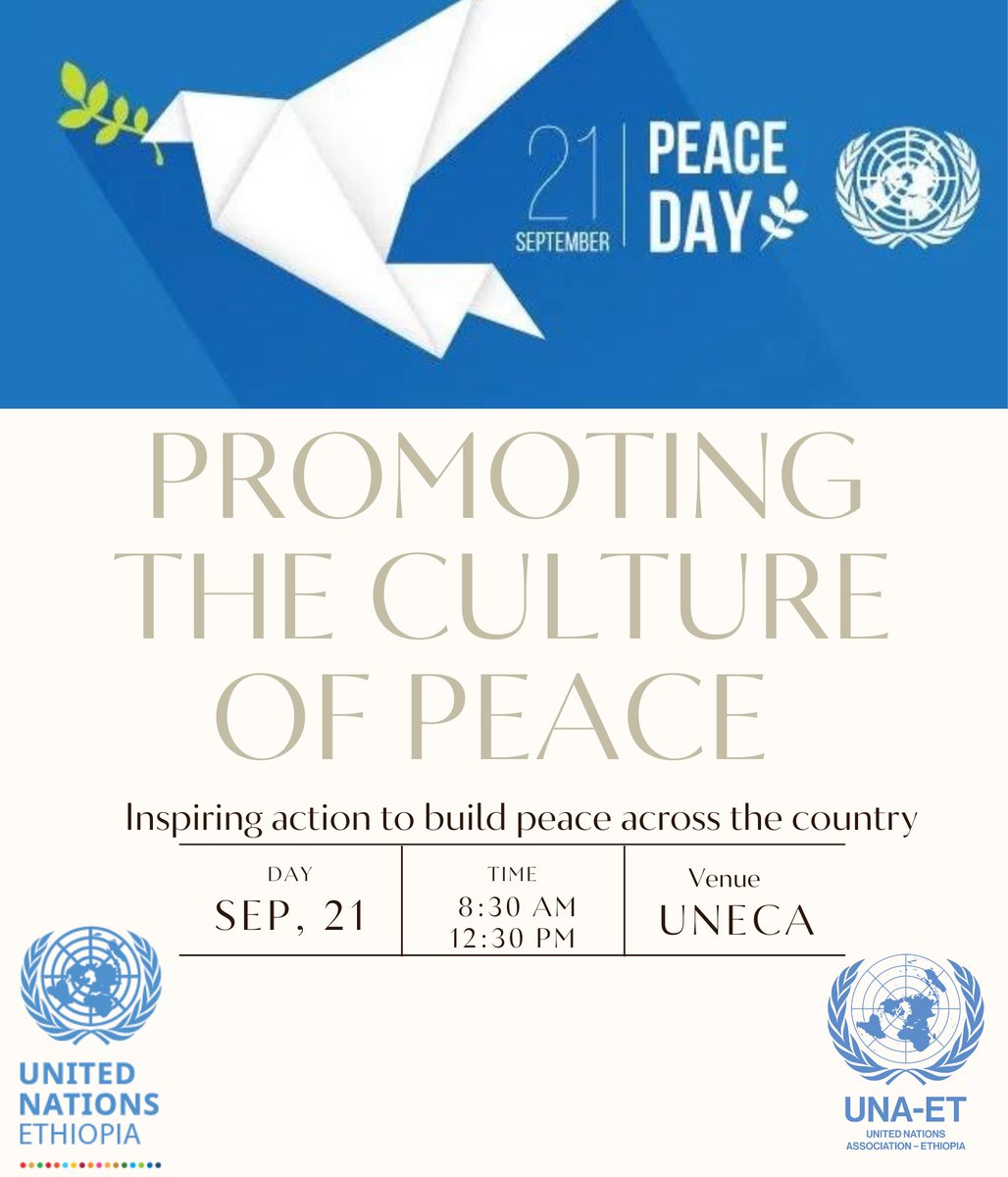 UNA-ET cordially invites you to attend the commemoration of the International Peace Day which will be held on 21 September 2022 at UNECA Conference Center from 8:30 am to 12:30 pm.
—————————-
forms.gle/zawCU8PRKptYrn…