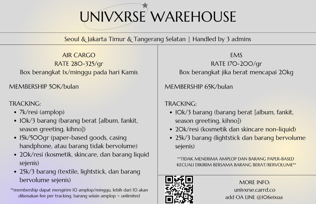 ANNIthing_go's tweet photo. From Seoul 🇰🇷 to Jakarta 🇲🇨

Jasa warehouse wh kr pengiriman rutin no drama! Sudah kirim 50+ box air cargo 😍

DIHITUNG PERGRAM/BERAT

🌟 Membership Warehouse Air Cargo ONLY 50k &amp; EMS ONLY 65k 🌟

More info please visit https://t.co/RpzwuLFOYY or scan the QR code below! https://t.co/cXiok7FEAT