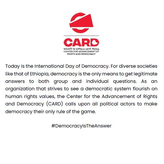 CARDEthiopia's tweet photo. A statement from #CARDEthiopia on the International Day of Democracy
#DemocracyIsTheAnswer
#DemocracyDay https://t.co/ocRHKNDcWN