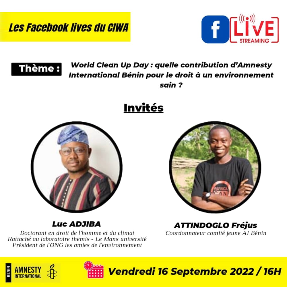 amnestybenin's tweet photo. A l'occasion de la World Clean Up Day 2022 nous organisons ce vendredi une discussion en ligne sur ''la contribution d’Amnesty International Bénin pour le droit à un environnement sain''. https://t.co/qlQI3lME2P