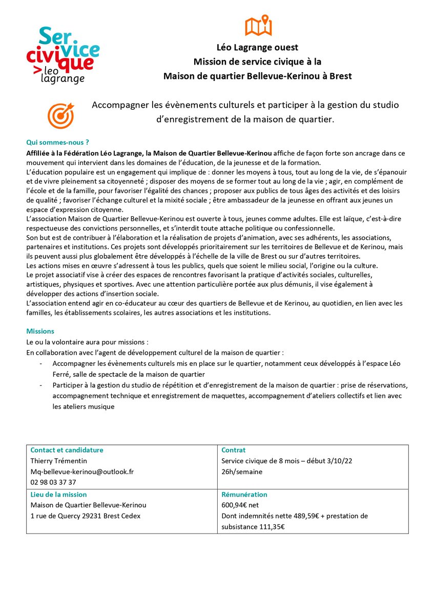 LL_Ouest's tweet photo. [SERVICE CIVIQUE #2]
Vous avez toujours entre 16 et 25 ans, mais habitez #Brest ?  Les métiers de la l'#animation vous intéressent ? Ou ceux de la #radio ? Ça tombe bien, la maison de quartier #Bellevue-Kerinou recrute également 👇 https://t.co/Blp3ABvsqg