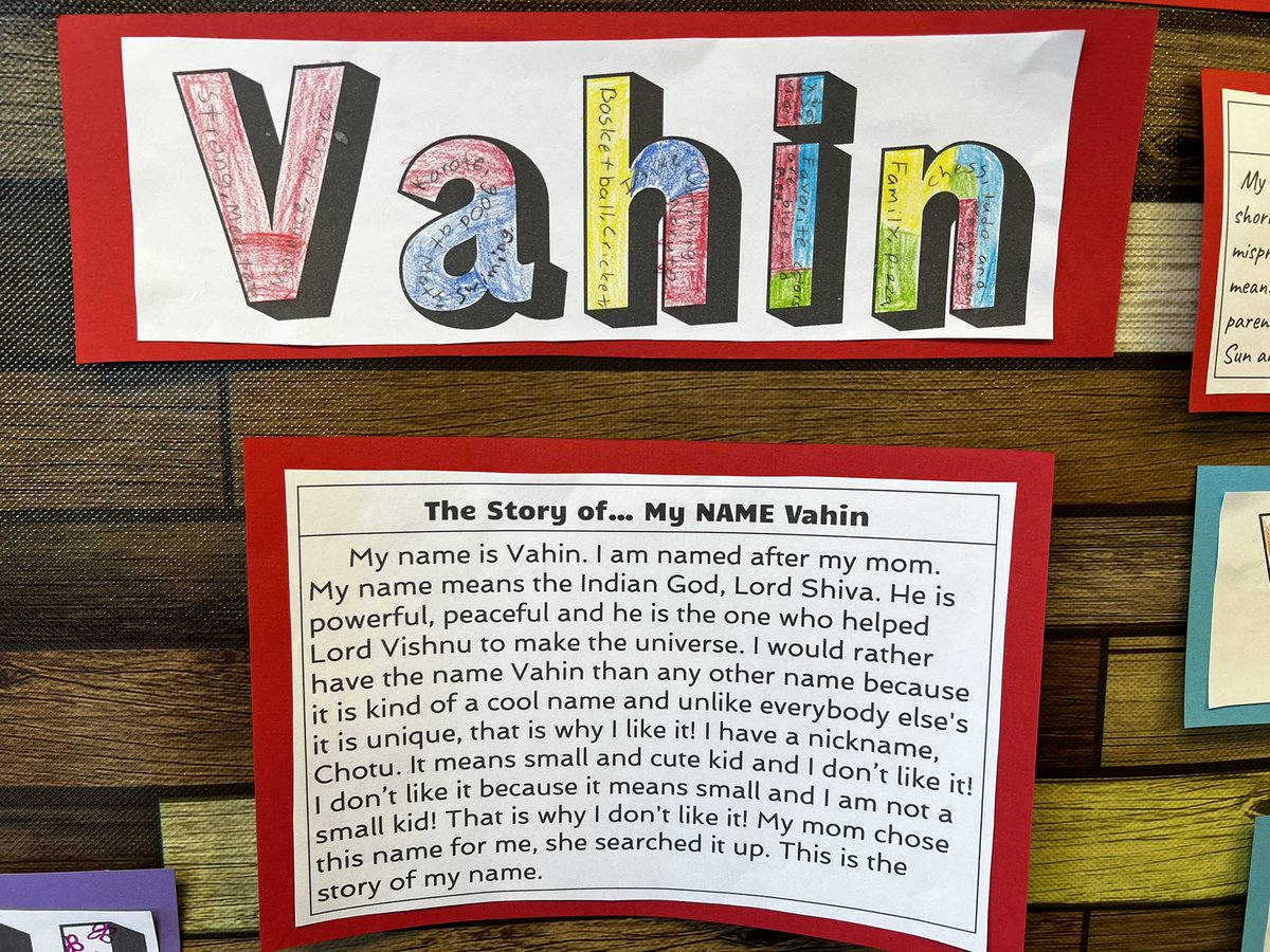 MrsMiller1819's tweet photo. After reading Alma and How She Got Her Name @juanamartinez, That’s Not My Name! @foxville_art, and The Name Jar @YangsookChoi, student wrote the story of their names! @JMDragons5 #shinebrightedison https://t.co/INsYkFZ844