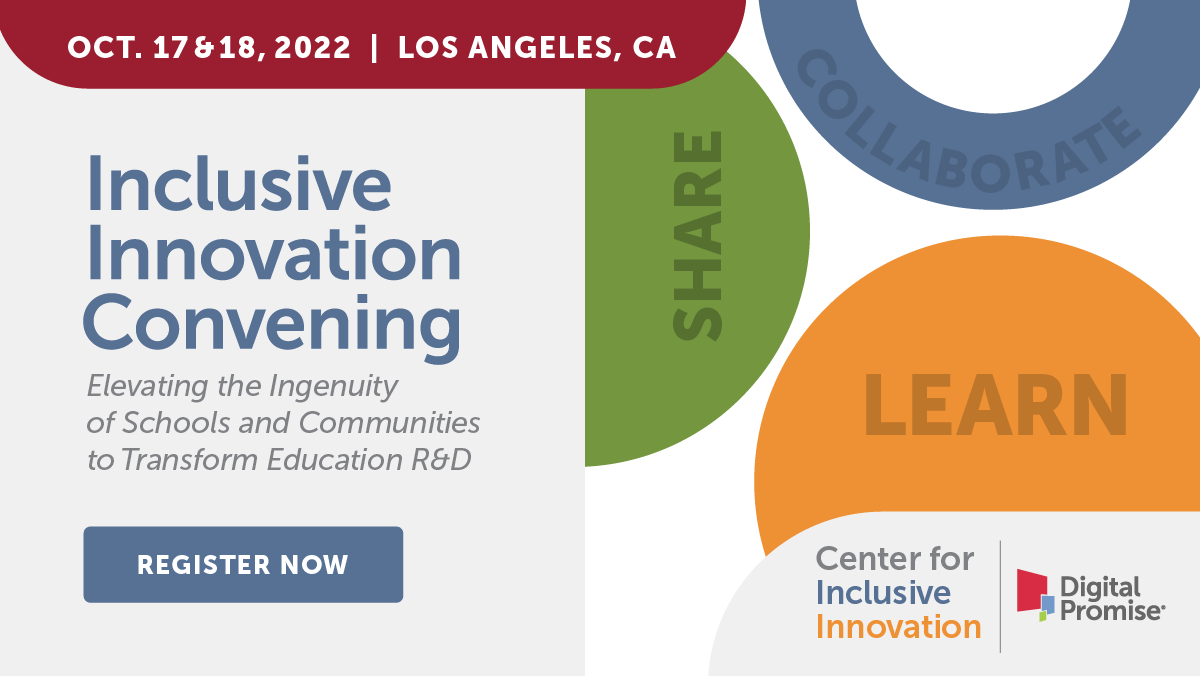 Kimberly Smith (@k12kimsmith) on Twitter photo Join us for <a href="/DigitalPromise/">Digital Promise</a>'s #InclusiveInnovation22 convening on Oct. 17-18 in L.A.! Come away with fresh inspiration, ideas and learning on how schools and communities are working together to address equity challenges and design new solutions:
digitalpromise.org/inclusive-inno… @dpleague Join us for <a href="/DigitalPromise/">Digital Promise</a>'s #InclusiveInnovation22 convening on Oct. 17-18 in L.A.! Come away with fresh inspiration, ideas and learning on how schools and communities are working together to address equity challenges and design new solutions:
digitalpromise.org/inclusive-inno… @dpleague