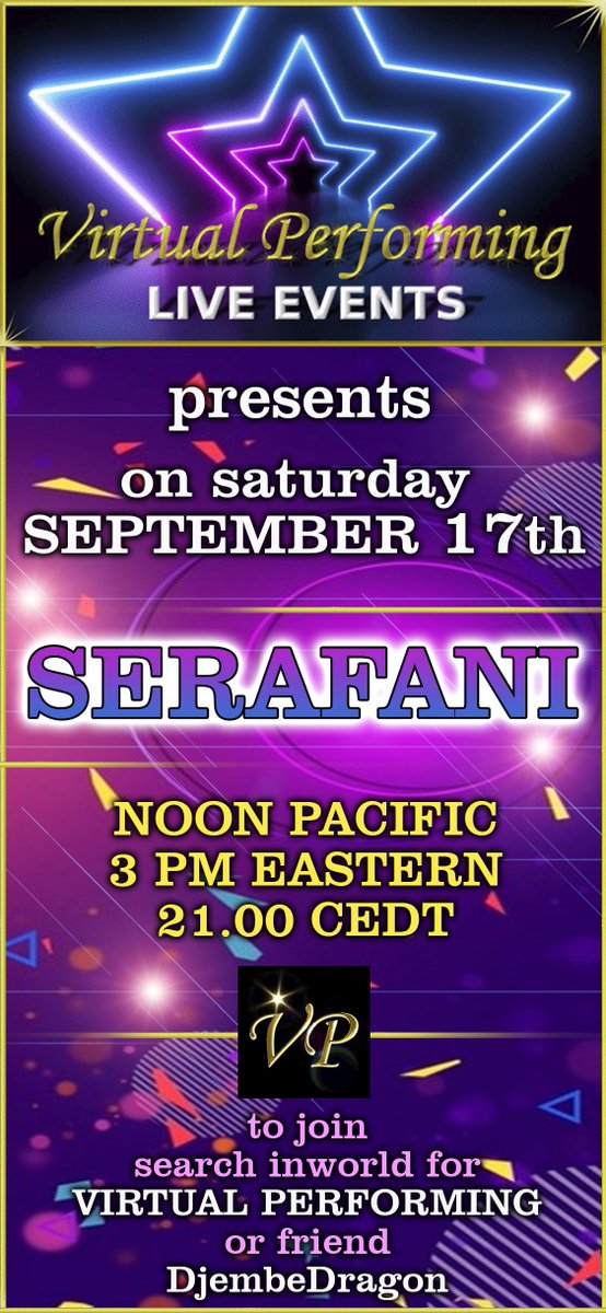 DjembeDragonfi1's tweet photo. Saturday September 17th @VPerforming  the talented Serafani !!  @serafani  @VREventHub

When:  Saturday September 17th, 3pm Eastern
Where:  Virtual Performing World  @VRChat
What:  Live guitar and vocalist Serafani!

Check out some of his music here:  https://t.co/ptUX1TOoaD https://t.co/OTJSUooIjI