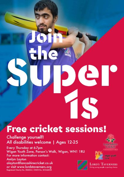 LancsCricketFDN's tweet photo. The @LordsTaverners Super 1s programme in #Wigan takes place every Thursday!

This is the chance for people aged 12-25 with disabilities to play weekly cricket at @WiganYouthZone. 

For more information, email alayton@lancashirecricket.co.uk or call 07799 639838. https://t.co/ksr9AqYmSw