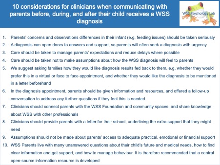 WSSpsychlab's tweet photo. On October 29 our @ElphickCamilla will present “What does it mean? Parents’ experiences of a WSS diagnosis” @WSSFoundation following research with Nicola Yuill @JessicaM_Psy Alison Davies #WSSday

From this we devised considerations for clinicians with @Wendy_D_Jones https://t.co/nKto6FYTJy