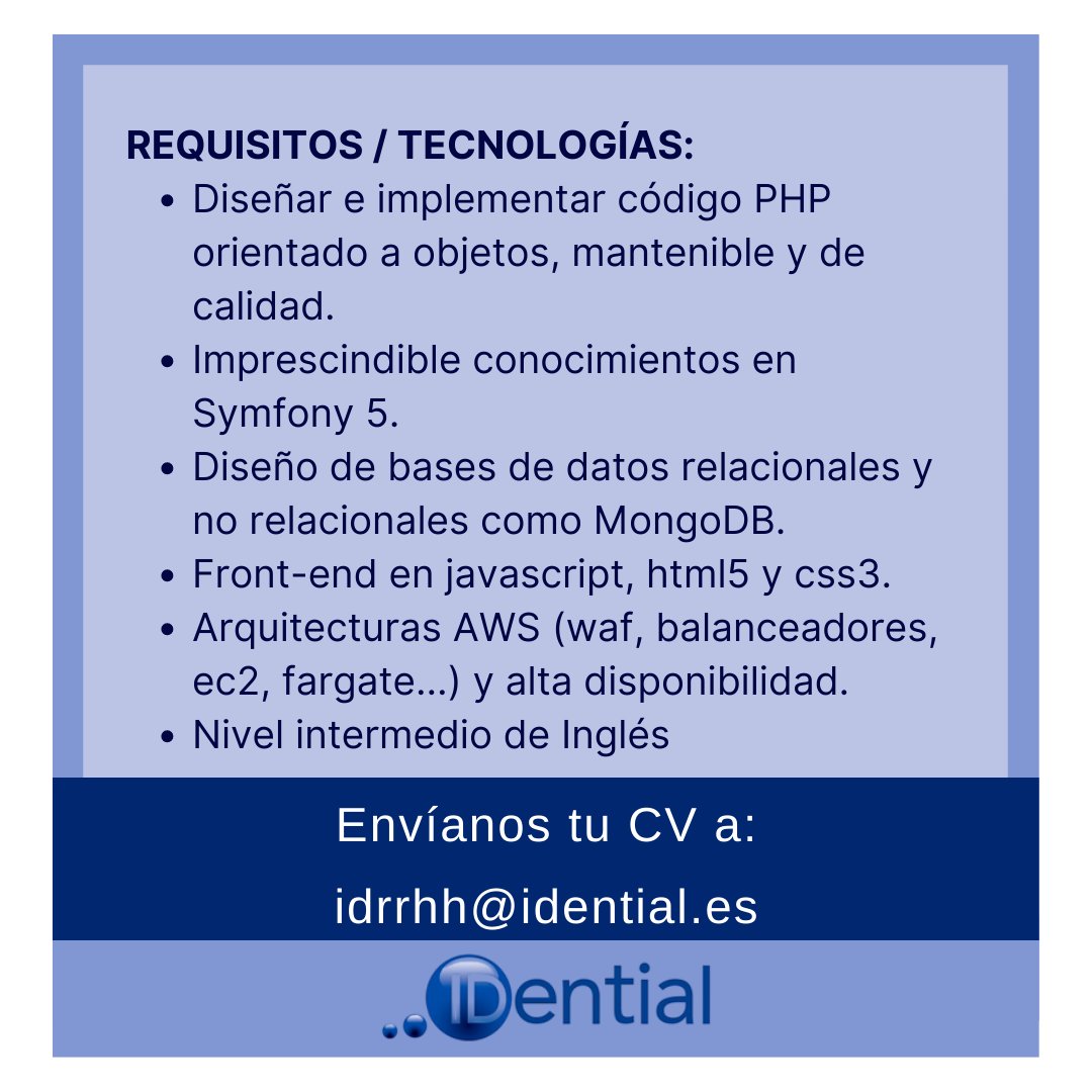 IDential_Global's tweet image. 🧳 {#IDentialGlobal}
🔎 Estamos seleccionando un desarrollador senior PHP con muchas ganas de incorporarse a un nuevo proyecto internacional muy interesante en un cliente líder en su sector en España.
🔗 empleo.idential.es/jobs/senior-de…
#php #seniorPHP #EmpleoMadrid #trabajoremoto