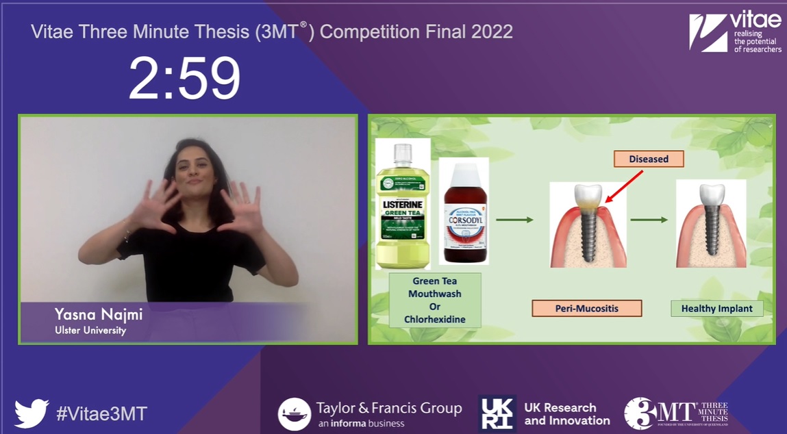 Vitae_news's tweet image. Well done Yasna @UlsterUniBiomed – People’s Choice Winner with presentation ‘A herbal alternative to treating dental implant diseases’ – Amazing job! @tandfonline #Vitae22 #Vitae3MT