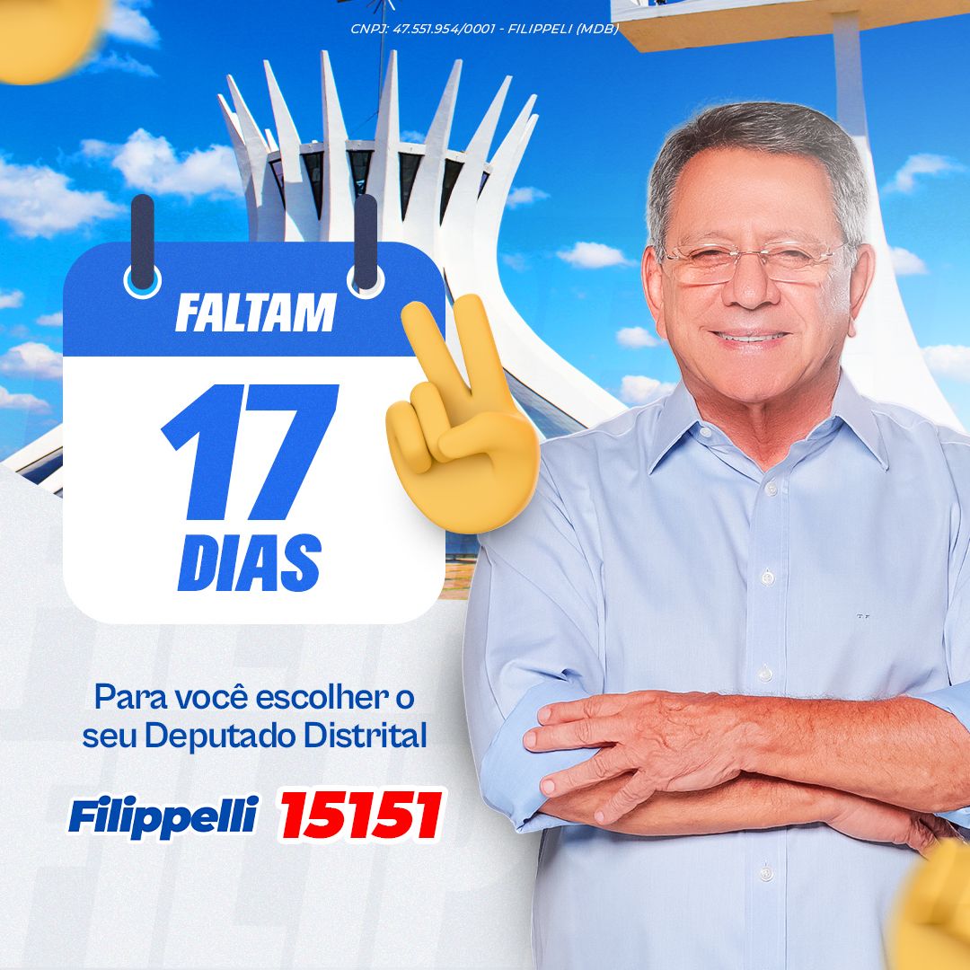 DoFilippelli's tweet photo. Estamos a 17 dias das eleições. Um momento importante da nossa democracia. Exerça com consciência e independência o seu voto. Como deputado distrital, quero fazer mais e melhor do que fiz em toda a minha vida pública. Contem comigo. Distrital é Filippelli, 15151. https://t.co/1MpW6lv0Ib