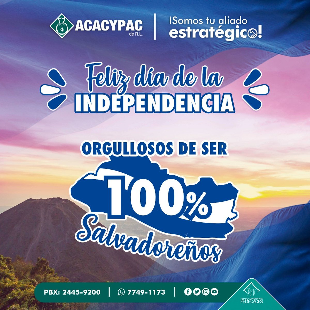 ACACYPAC DE R.L | #15septiembre
Nuestra patria está de fiesta, 15 de septiembre es un día especial para todos los salvadoreños, no importando en que lugar del mundo nos encontremos.
Feliz día de la independencia, orgulloso de ser Salvadoreño.