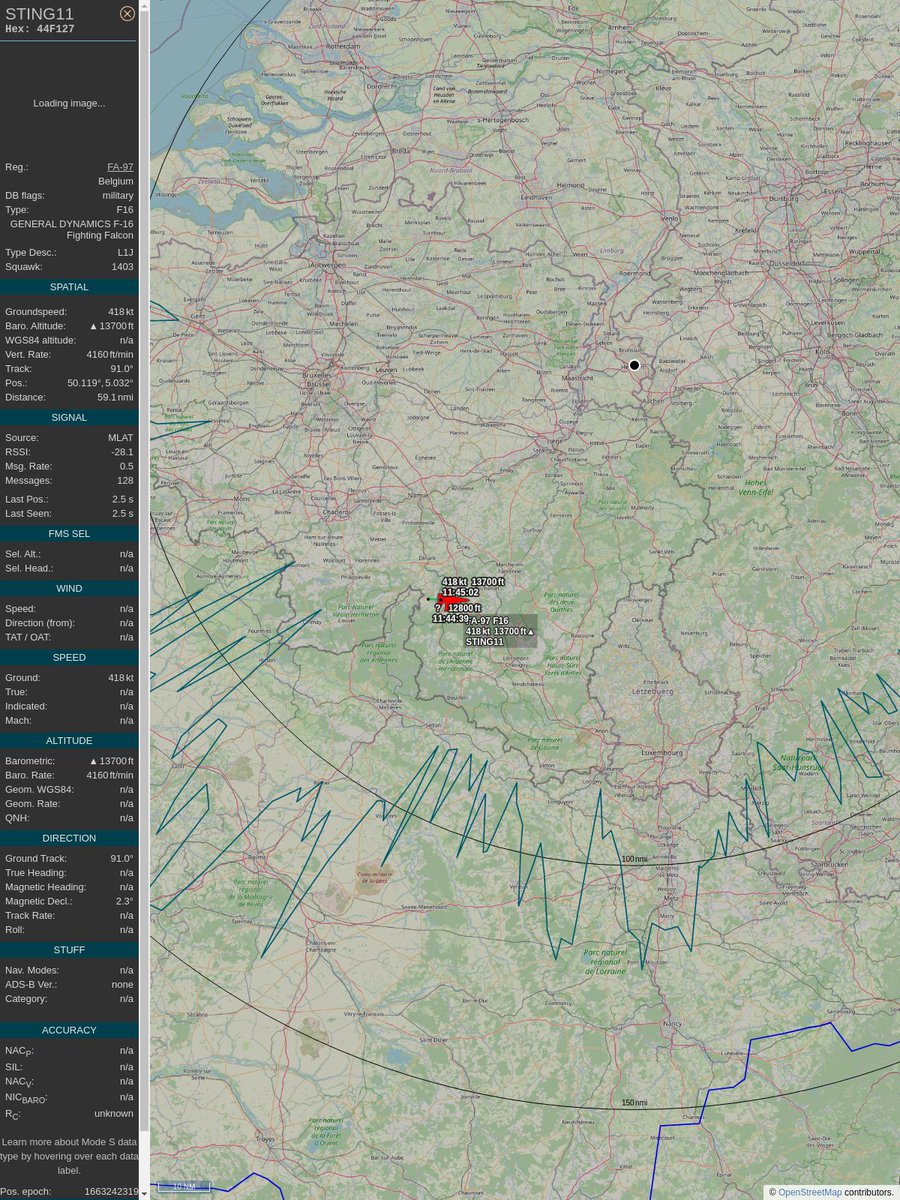 AboveHeerlen's tweet image. #PlaneAlert ICAO: #44F127 Tail: #FA97 Flt: #STING11 
Owner: #BelgianAirComponent
Aircraft: #F-16AM Fighting Falcon
2022/09/15 13:44:38
#F16 #Mil #JetFighter #Chappy #Luchtcomponent #OtherAirForces mil.be/nl/over-defens… 
globe.adsbexchange.com/?icao=44F127&amp;amp;s…