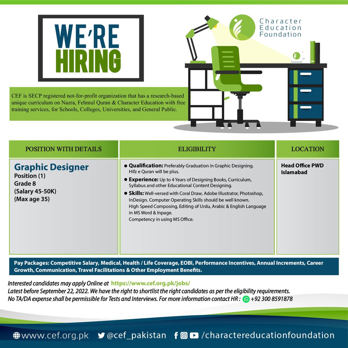 CEF_Pakistan's tweet photo. Only Apply At:
https://t.co/69IVhJsagm
Last Date: 22nd, September, 2022.
.
.
.
#jobs #jobshiring #jobsearch #JobsinIslamabad
#CharacterBuilding #CharacterEducation #CharacterMatters #EducatePakistan #EducationForAll #CEF #QuranHour https://t.co/Ykr7Bw4dYK