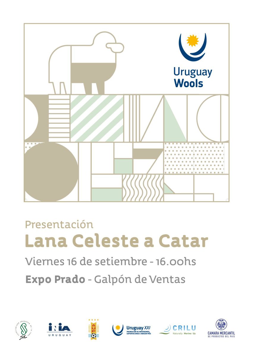 Invitamos👉Presentación de #LanaCelesteAQatar propuesta de promoción de la lana nacional que reúne a distintos actores de la cadena ovina uruguaya  🐏 🇺🇾 ⚽️ 

<a href="/MGAPUruguay/">MGAP</a> <a href="/MAmbienteuy/">Ministerio de Ambiente</a> <a href="/Uruguay_Natural/">Uruguay Natural</a> <a href="/UyDeporte/">Secretaría Nacional del Deporte</a> <a href="/AUFOficial/">AUF</a> <a href="/CAFUruguay/">CAF</a> <a href="/UruguayXXI/">Uruguay XXI</a> <a href="/ExpoPrado/">Rural del Prado</a> <a href="/CRILU_uy/">CRILU Uruguay</a> <a href="/INIA_UY/">INIA URUGUAY</a>