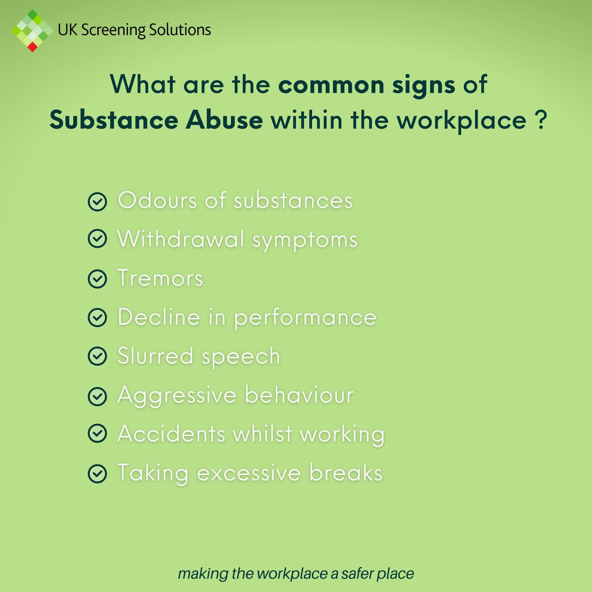UKScreening's tweet image. It is important to look out for any common signs of substance abuse within your employees and colleagues. 

 For more information on how we can help YOU visit our website.

#occupationalhealth #screeningservices
#safety #workplacesafety #medical