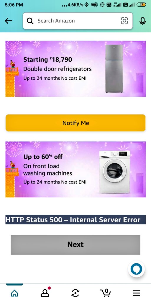 amishdsy's tweet photo. Inside Amazon app I'm getting 500 internal server error.This is the production issue before big billion day we are facing this issue once big billion days starts then what happen then prepare for that. No one is expecting that type of issue from @amazonIN @amazon @JeffBezos https://t.co/VptQed8UTU