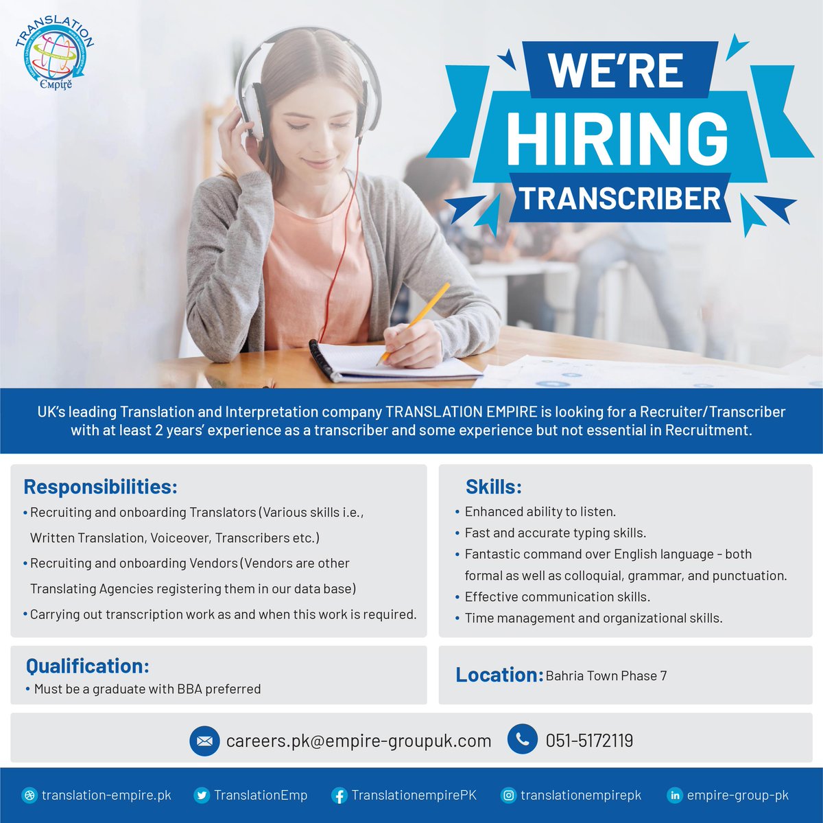 TranslationEmp's tweet photo. Translation Empire PK is looking to hire for the position of #transcriber.

Know Anyone who might be interested?

Please feel free to ask any job related queries and apply now at: careers.pk@empire-groupuk.com

Location: Bahria Town Phase 7. https://t.co/eswqe2lQqy