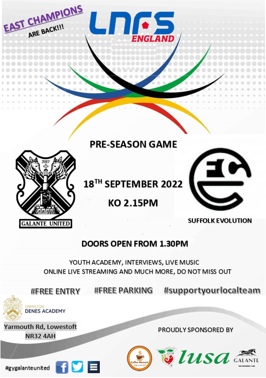 Do not miss this Sunday. The return of @LNFSengland  East Champions 22 in action. Come join us and show your support ✌️

📅 Sun 18th of September 2022
⏰ 2.15pm
⚽️<a href="/GyFutsal/">GY Galante United Futsal Club</a> vs Suffolk Evolution
📌<a href="/OrmistonDenes/">OrmistonDenesAcademy</a>  , Lowestoft, NR32 4AH
💷 Free Entry - Limited Spaces

1.2.3.🦓