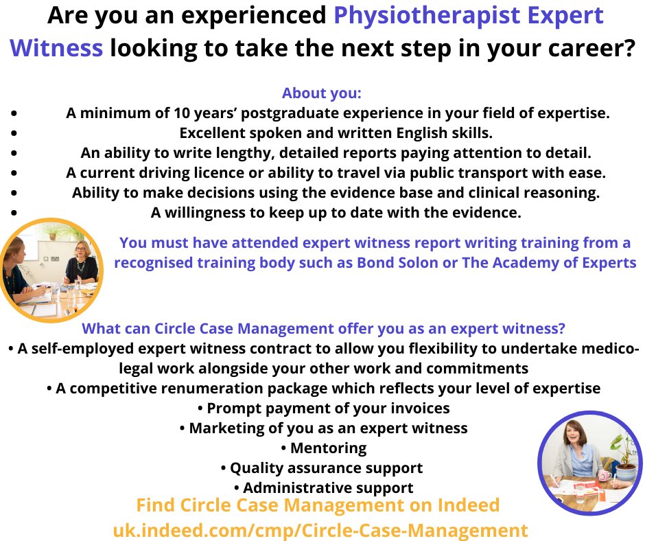 CircleCM's tweet photo. Are you an experienced Physiotherapist Expert Witness? Looking to advance your career with an award winning, supportive and innovative company? Email Expert@circlecm.com or call Liz on 0129724145 to discuss! #CircleCM #Physiotherapist #PhysioExpert #ExpertWitness #MedicoLegal https://t.co/dFjiSTQNlC
