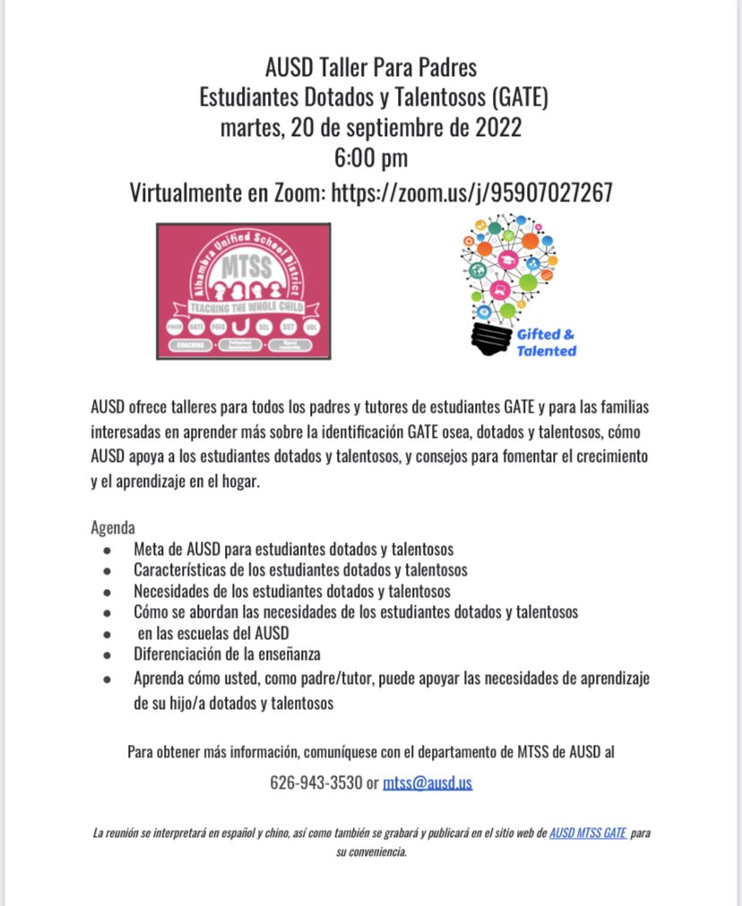 alhambrausd's tweet photo. ‼️PARENT WORKSHOP OPPORTUNITY‼️
Please join the AUSD Gifted + Talented Education (GATE)
Parent Workshop
Tuesday, September 29th at 6pm
https://t.co/9nw4RdMSfD

Open to parents of GATE students AND parents interested in information about GATE identification + support. https://t.co/V9gP38flz0