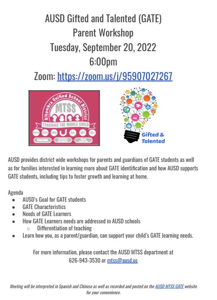 alhambrausd's tweet photo. ‼️PARENT WORKSHOP OPPORTUNITY‼️
Please join the AUSD Gifted + Talented Education (GATE)
Parent Workshop
Tuesday, September 29th at 6pm
https://t.co/9nw4RdMSfD

Open to parents of GATE students AND parents interested in information about GATE identification + support. https://t.co/V9gP38flz0
