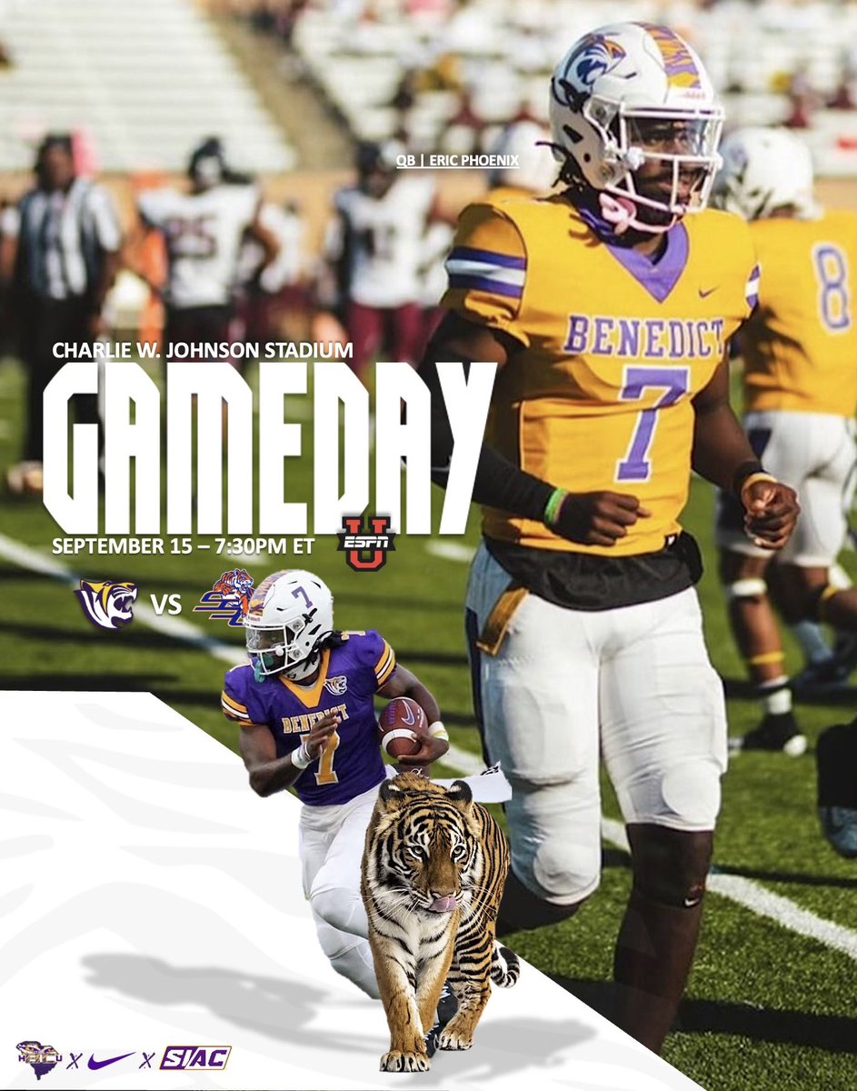 Go Tigers!

We will see you in “The Jungle” tonight at 730pm! If you can’t make it to Columbia check us out on <a href="/ESPNU/">ESPNU</a>!

#PayTheFEE #CWCW #RARE #DigDeep 

<a href="/BenedictEDU/">Benedict College</a> <a href="/benedict_tigers/">BC Tigers Athletics</a> <a href="/HBCUGameday/">HBCU Gameday</a> <a href="/HBCUSports1/">HBCU Premier Sports & More</a> <a href="/D2Chuck/">Chuck Bitner</a> <a href="/D2Football/">D2Football</a> <a href="/Onnidan/">Onnidan HBCU Sports</a> <a href="/NCAA/">NCAA</a> <a href="/NCAADII/">NCAA Division II</a>